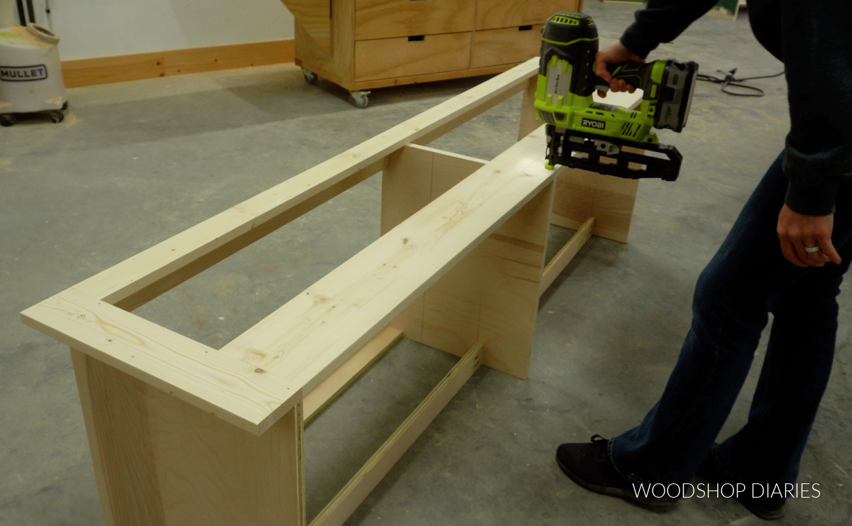 Shara Woodshop Diaries nailing face frame onto bench seat