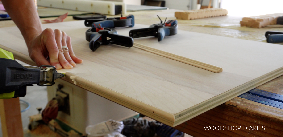Shara Woodshop Diaries nailing trim detail around plywood edge for built in countertops