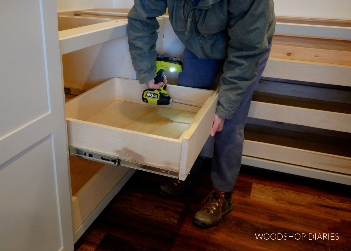 Shara Woodshop Diaries securing drawer front onto drawer boxes in pull out shelf cabinet