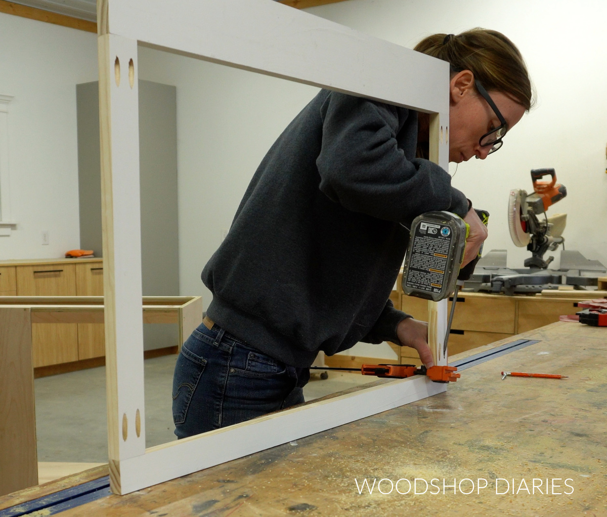 Shara Woodshop Diaries assembling face frame on workbench
