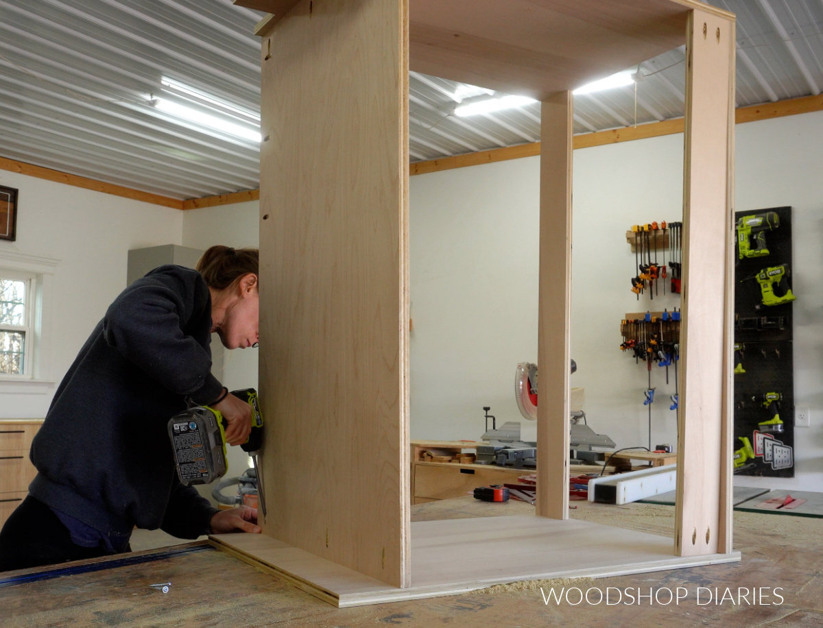 Shara Woodshop Diaries assembling blind corner cabinet box using pocket holes and screws on workbench