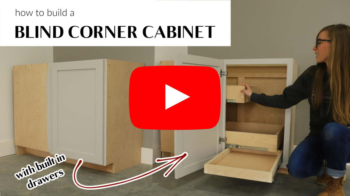 YouTube thumbnail image of blind corner cabinet showing cabinet closed on left and cabinet open on right