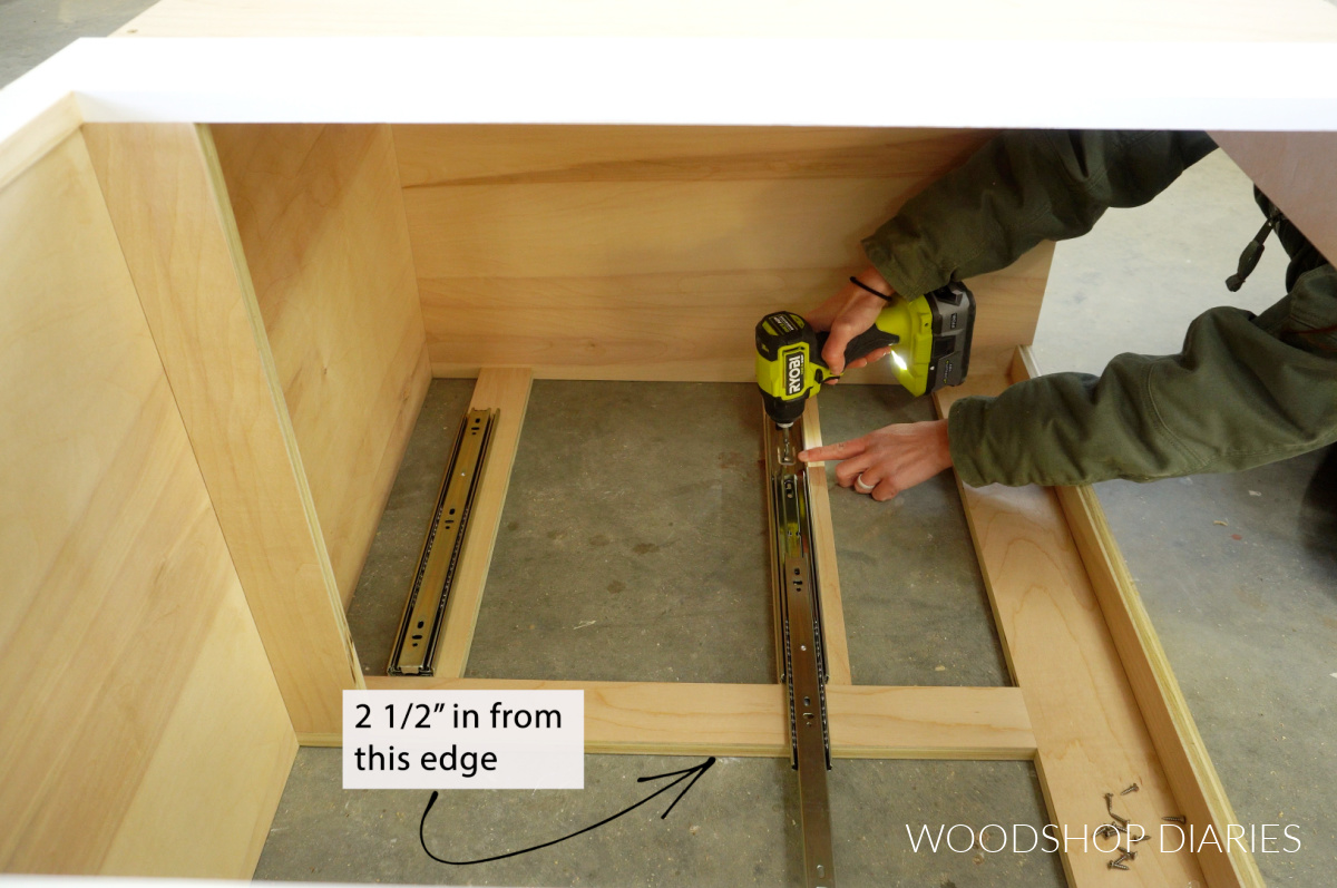 Shara Woodshop Diaries installing drawer slides into cabinet box