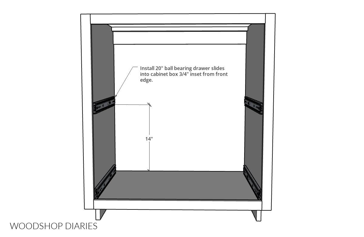 Diagram showing where to place 20" drawer slides in pull out shelf cabinet