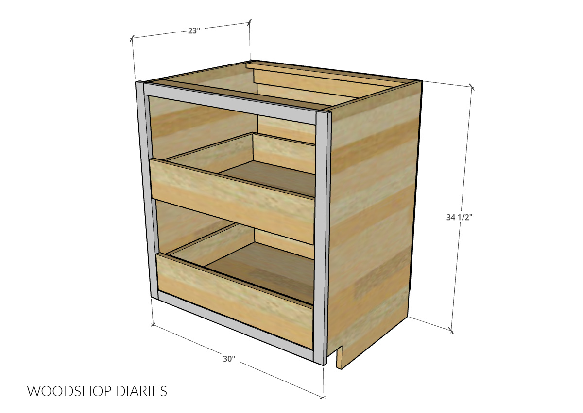 Dimensional diagram of pull out shelf cabinet showing overall size