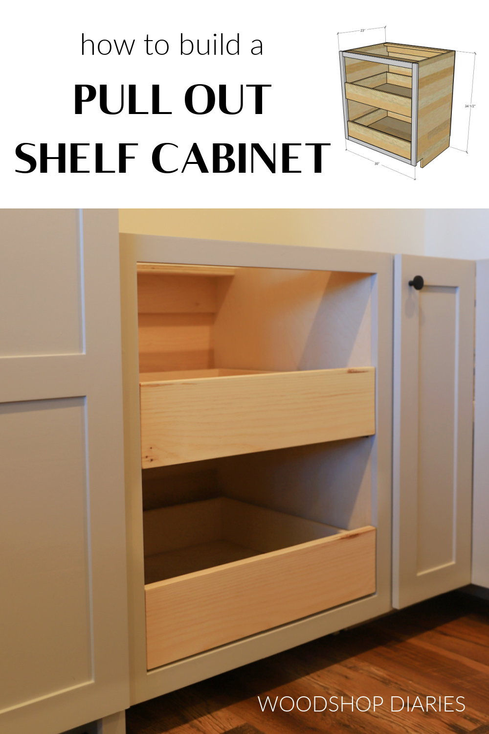 Pinterest image showing finished pull out shelf cabinet at bottom and dimensional diagram at top with text "how to build a pull out shelf cabinet"