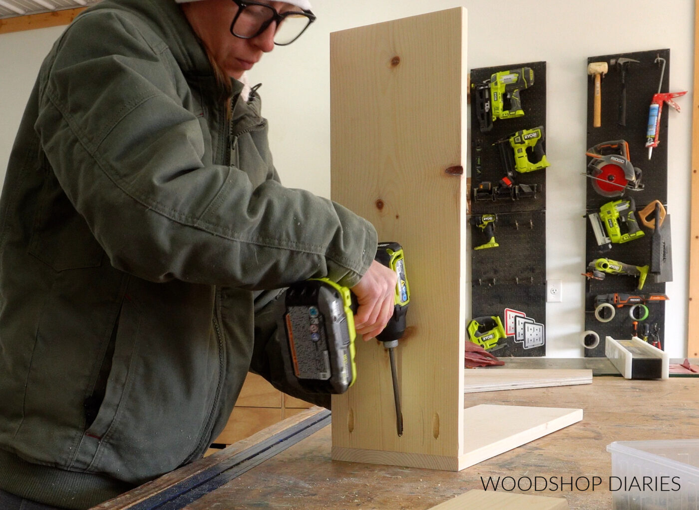 Shara Woodshop Diaries assembling back of floating corner desk