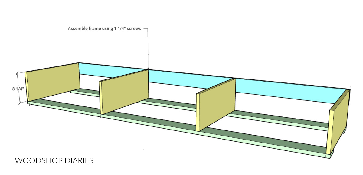 Diagram showing assembly of side rail frame made with plywood and 1x4 boards