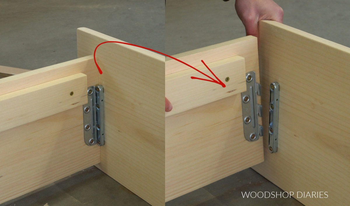 Close up of bed rail brackets installed at corner of bed frame--image on left shows brackets together and image on left shows brackets apart