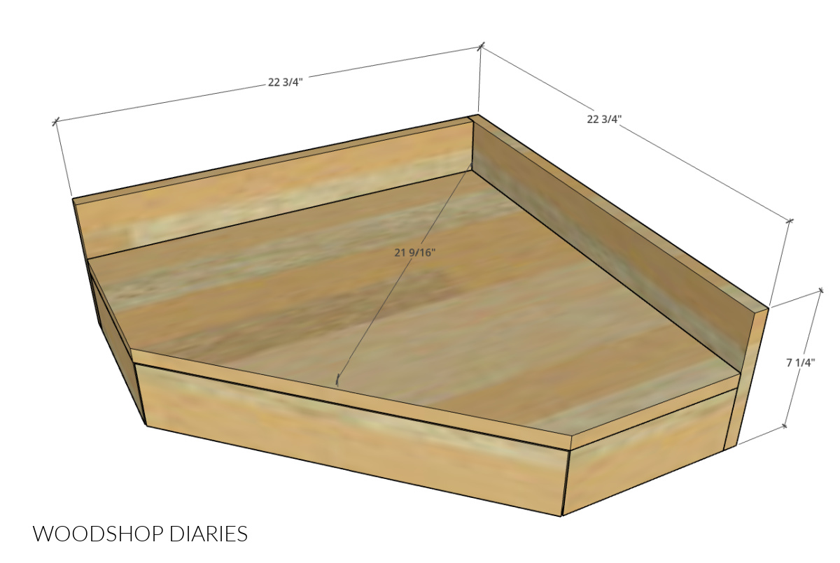 Dimensional diagram of floating corner desk showing 7 ¼" tall x 22 ¾" deep x 22 ¾" wide