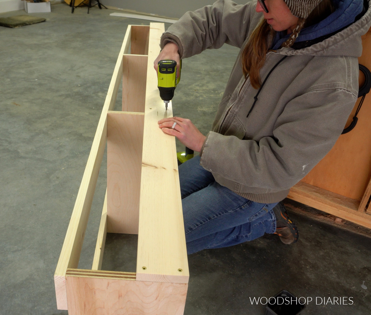 Shara Woodshop Diaries securing back piece to storage bed side rail frames
