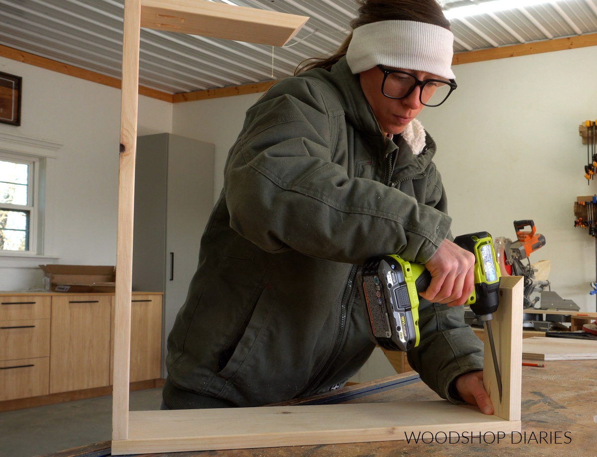 Shara Woodshop Diaries installing sides of corner desk with pocket hole screws
