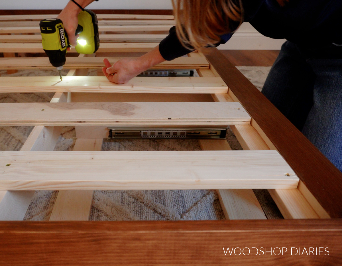 Shara Woodshop Diaries installing bed slats to platform storage bed