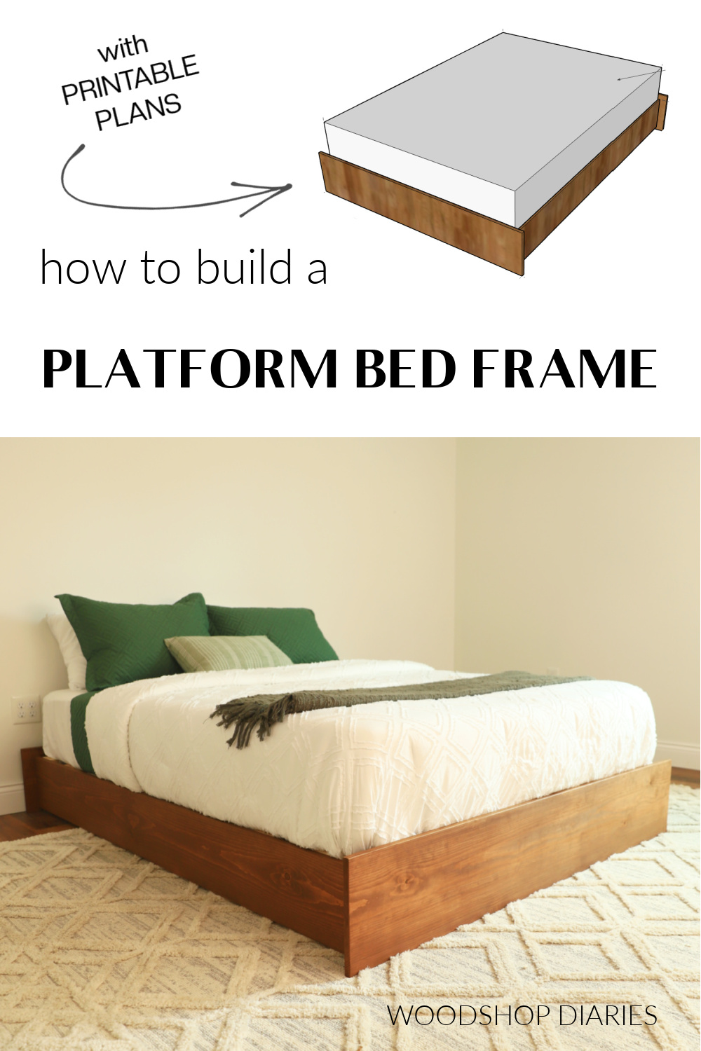 Pinterest collage image showing diagram of platform bed frame at top and completed real life image of DIY platform bed frame with mattress on bottom with text "how to build a platform bed frame"