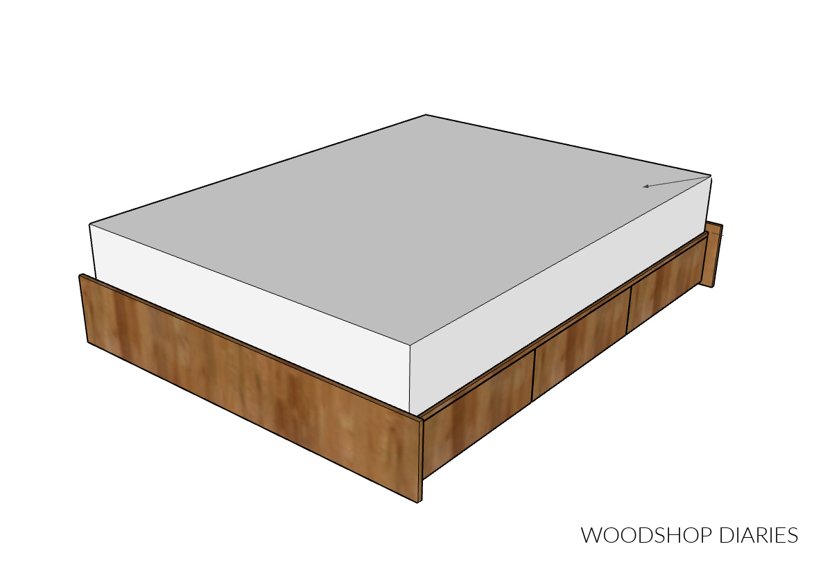 Diagram of completed platform storage bed with mattress on top