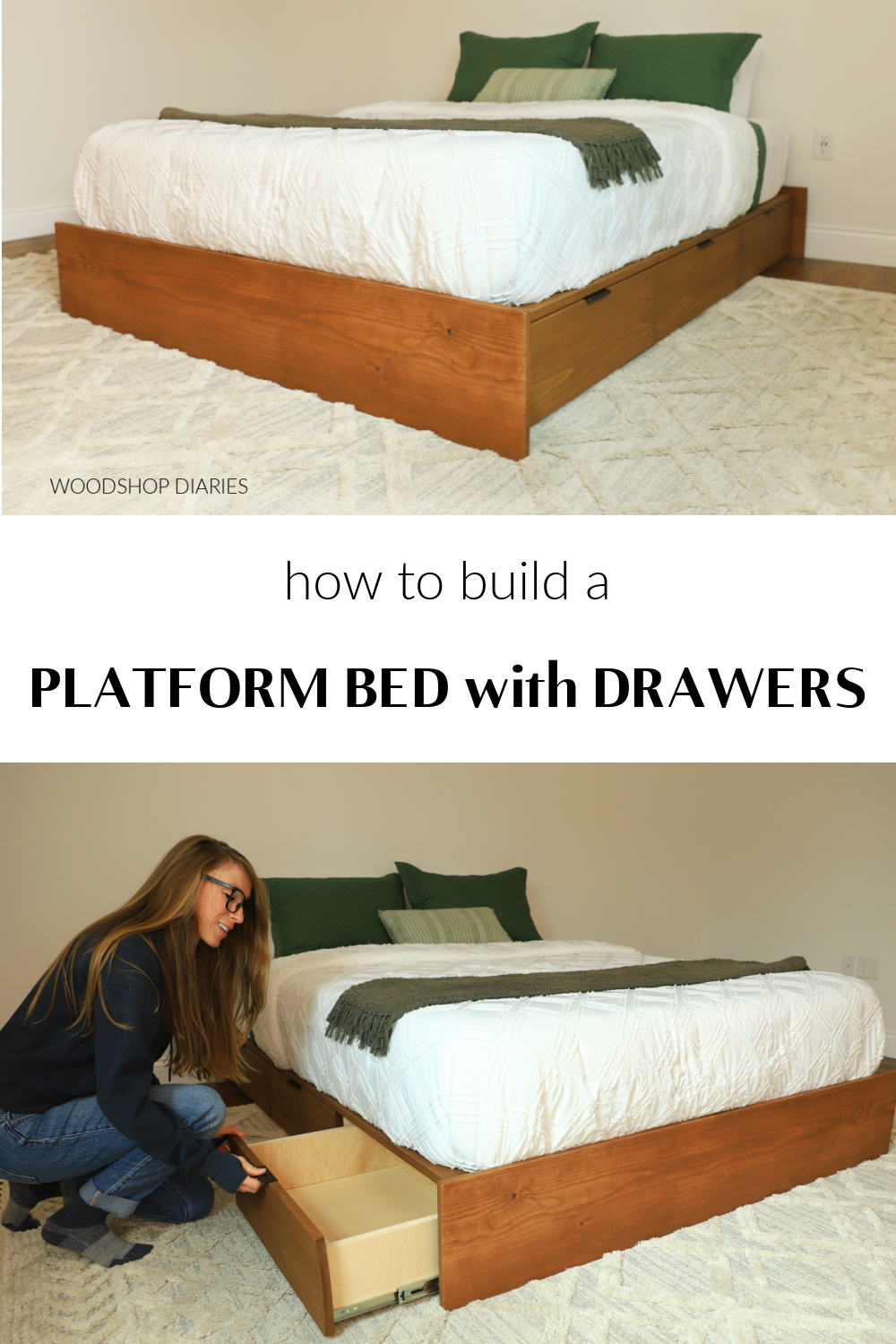 Pinterest collage image showing DIY platform bed with drawers at top and Shara Woodshop Diaries opening drawer box on storage bed  with text "how to build a platform bed with drawers"