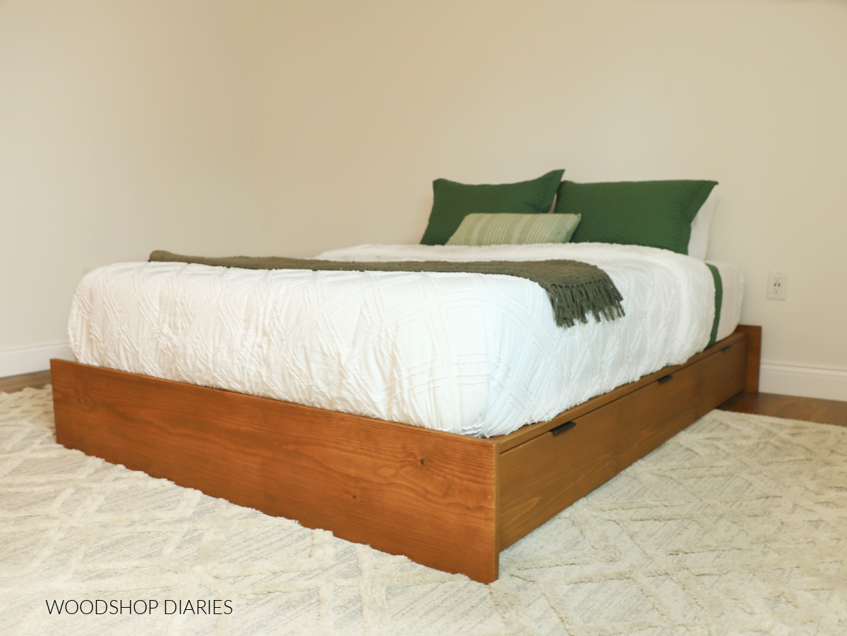 Completed wooden DIY platform storage bed frame with drawers 