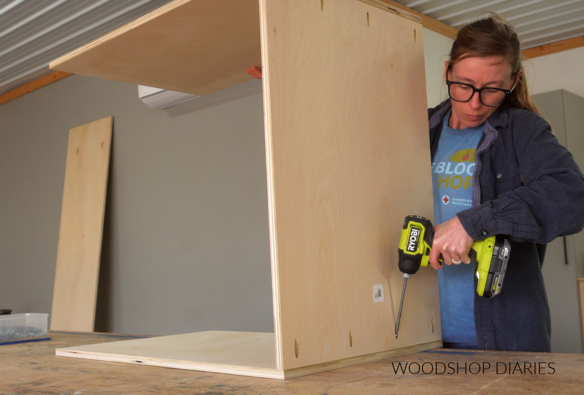 Shara Woodshop Diaries assembling cabinet box with ¾" plywood and pocket hole screws