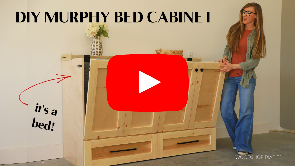 Youtube thumbnail showing Shara Woodshop Diaries opening DIY murphy bed cabinet door