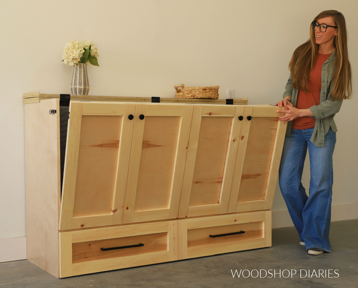 Shara Woodshop Diaries opening up DIY murphy bed cabinet