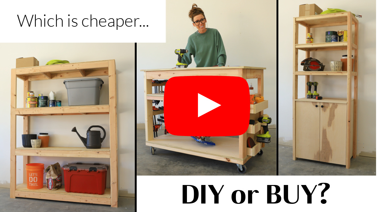 Youtube video thumbnail showing three garage projects collaged together with text "which is cheaper...DIY or BUY?"