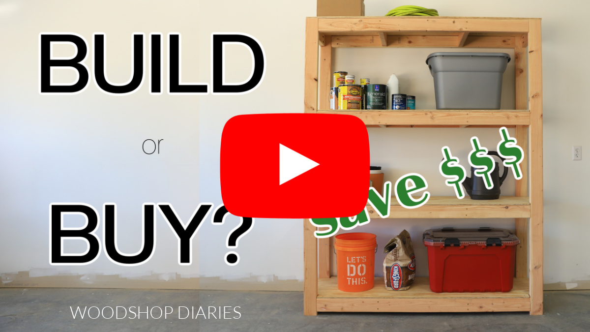 YouTube Thumbnail image showing garage shelf with text "build or buy?"