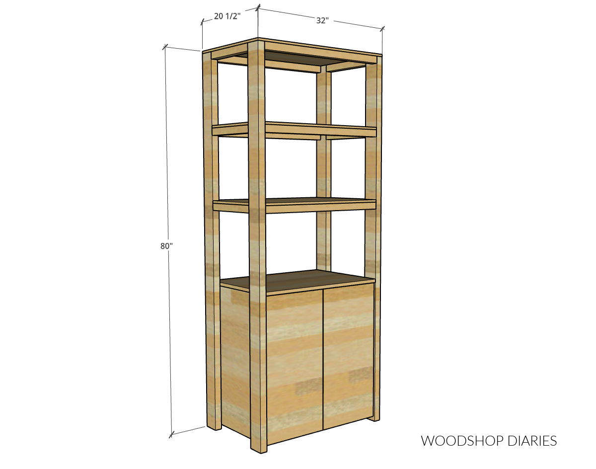 Garage shelf with build in cabinet overall dimensional diagram showing 80" tall x 32" wide x 20 ½" deep