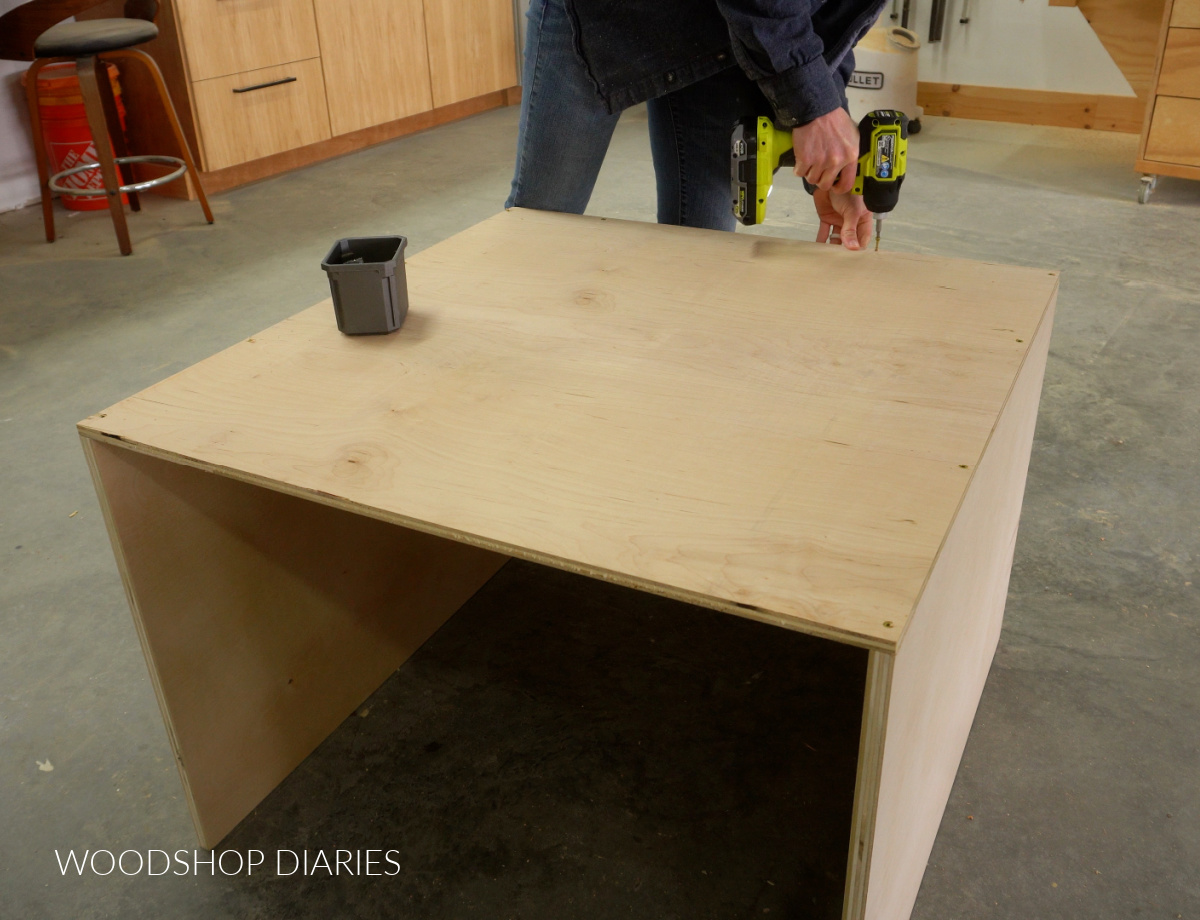 Shara Woodshop Diaries securing ½" plywood back panel onto cabinet box
