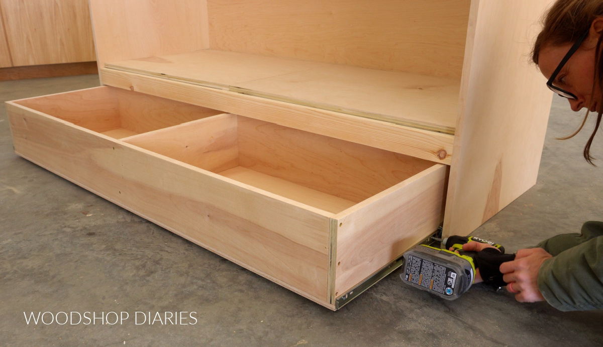 Shara Woodshop Diaries installing large bottom drawer box into DIY Murphy bed cabinet