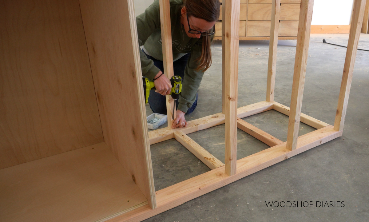 Shara Woodshop Diaries securing front and back shelf supports with pocket holes and screws