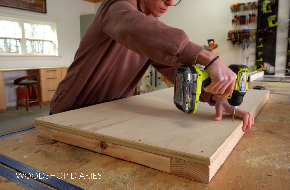 Shara Woodshop Diaries attaching plywood top to 2x4 workbench frame