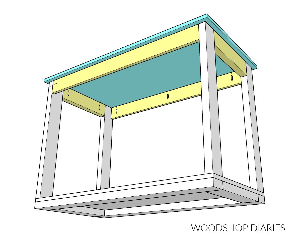 Diagram showing how to attach workbench top with pocket holes