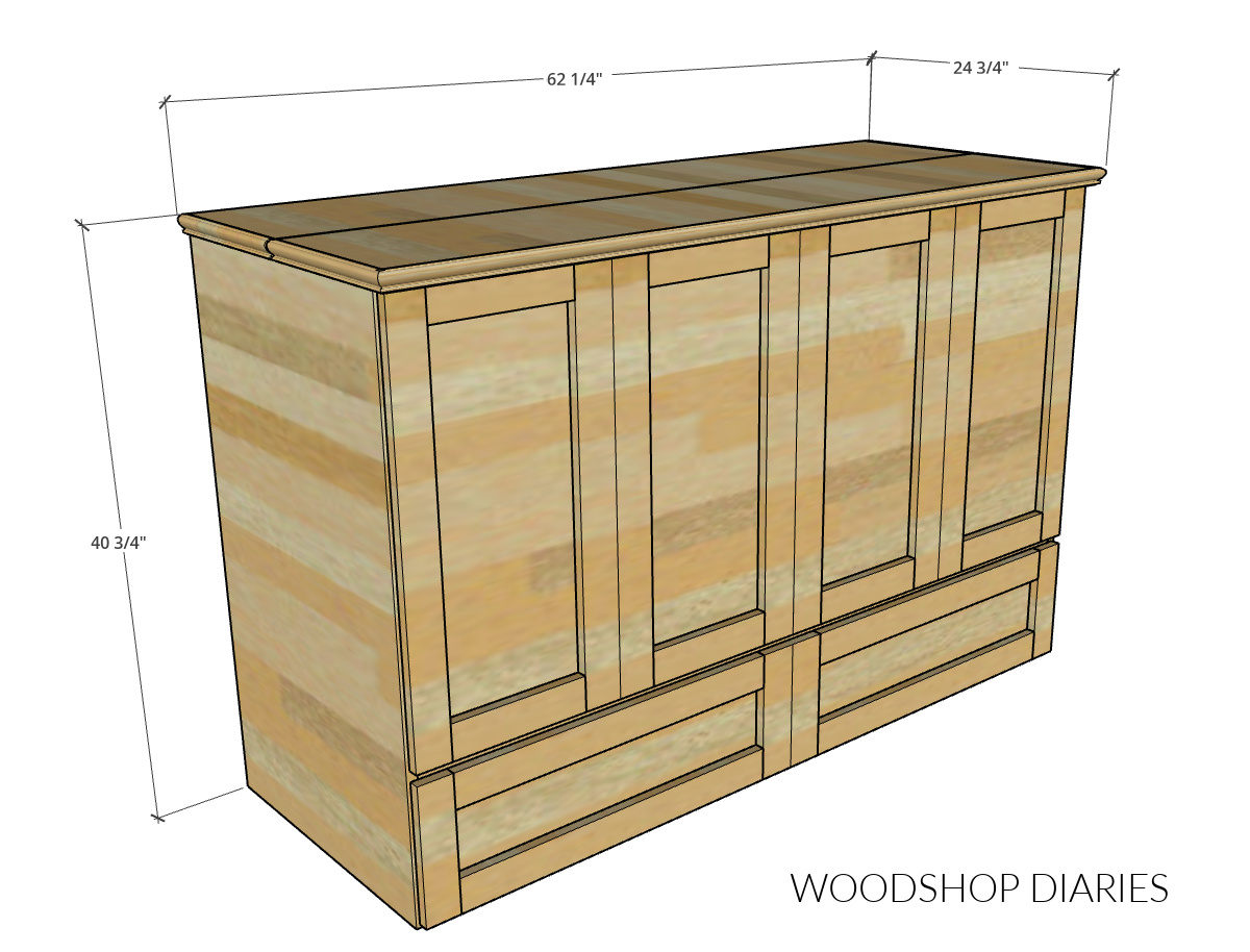 Dimensional diagram showing overall dimensions of DIY murphy bed cabinet when closed