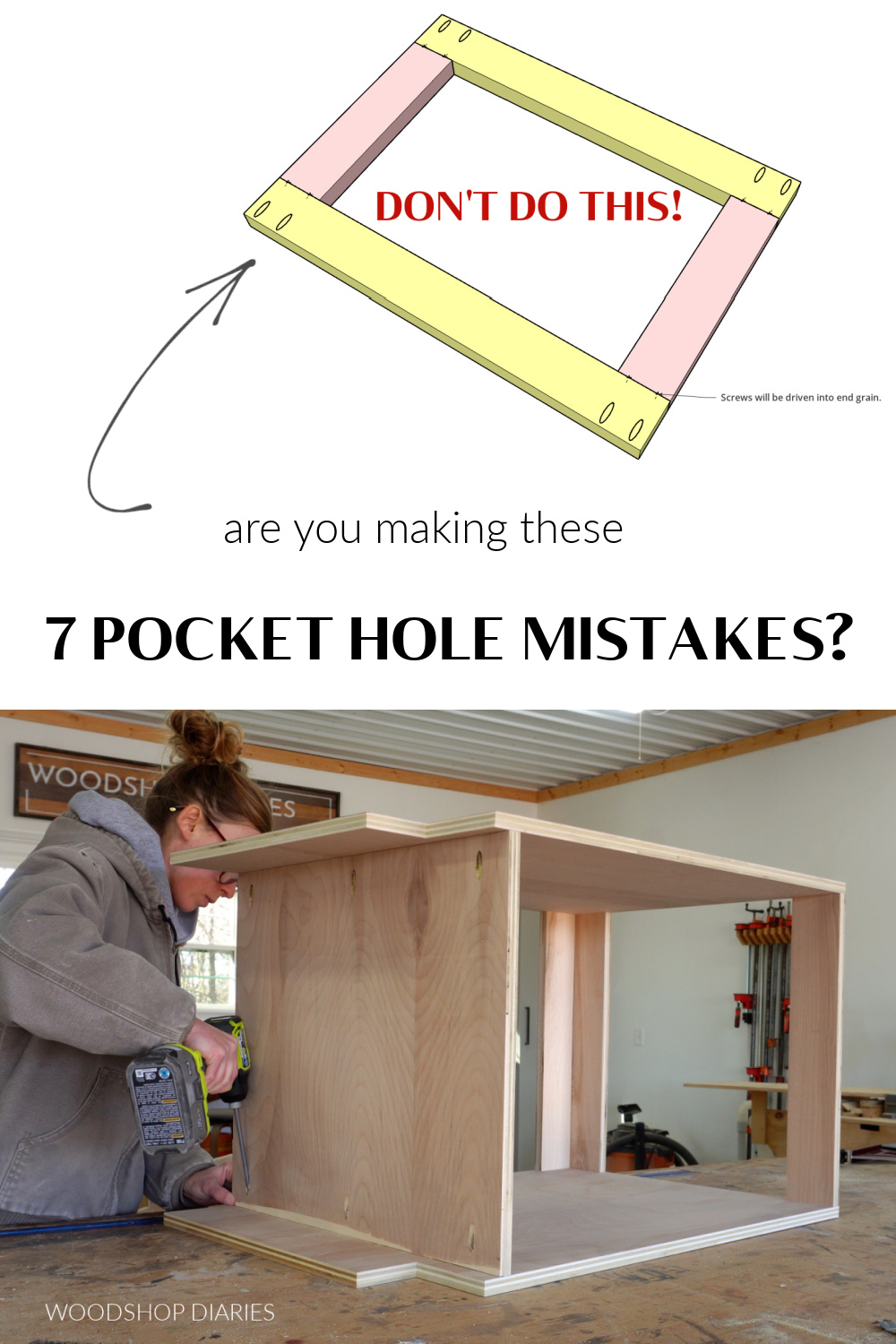Pinterest collage image showing diagram with pocket holes in wrong board at the top and Shara Woodshop Diaries assembling cabinet box with pocket holes at bottom with text "are you making these 7 pocket hole mistakes?"