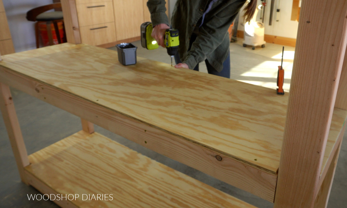 Securing plywood to shelf frame with wood screws