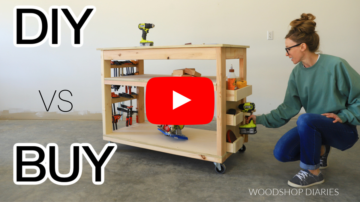 YouTube Thumbnail image showing Shara Woodshop Diaries placing tools on workbench side storage with text "DIY VS BUY"