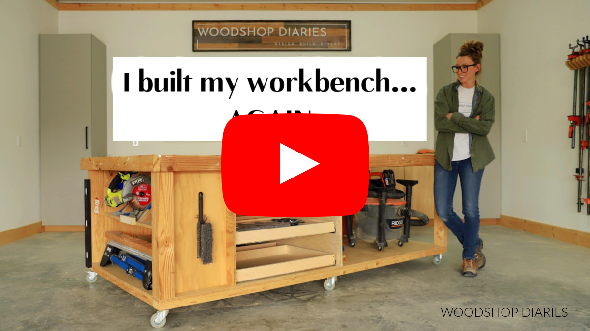 YouTube thumbnail showing workbench with text "I built my workbench...again"