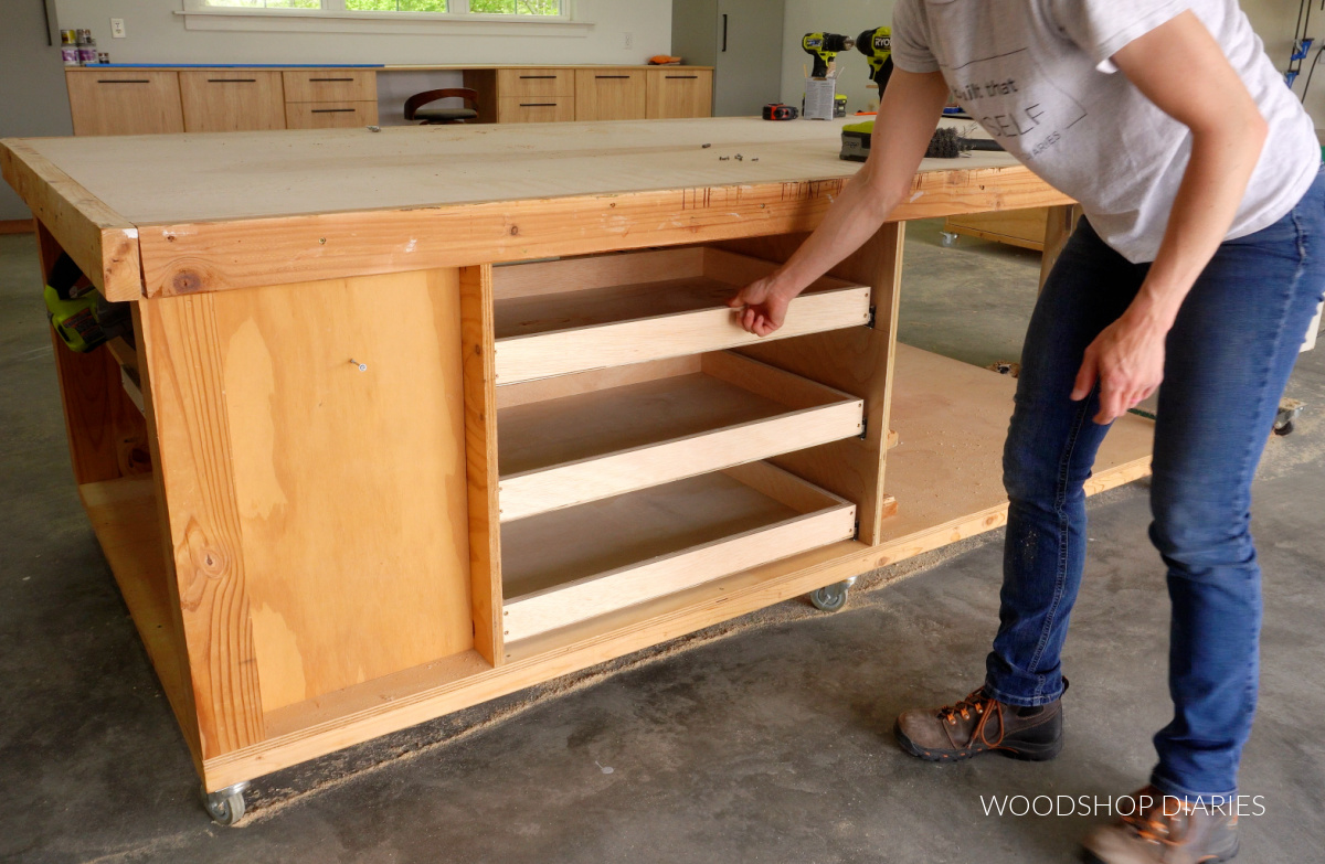 Shara Woodshop Diaries sliding drawer boxes into workbench