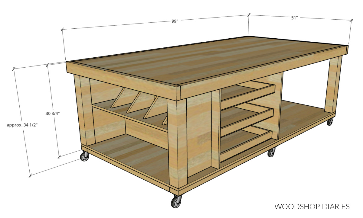 Dimensional diagram of large mobile workbench with storage showing 34 ½" tall x 51" wide x 99" long