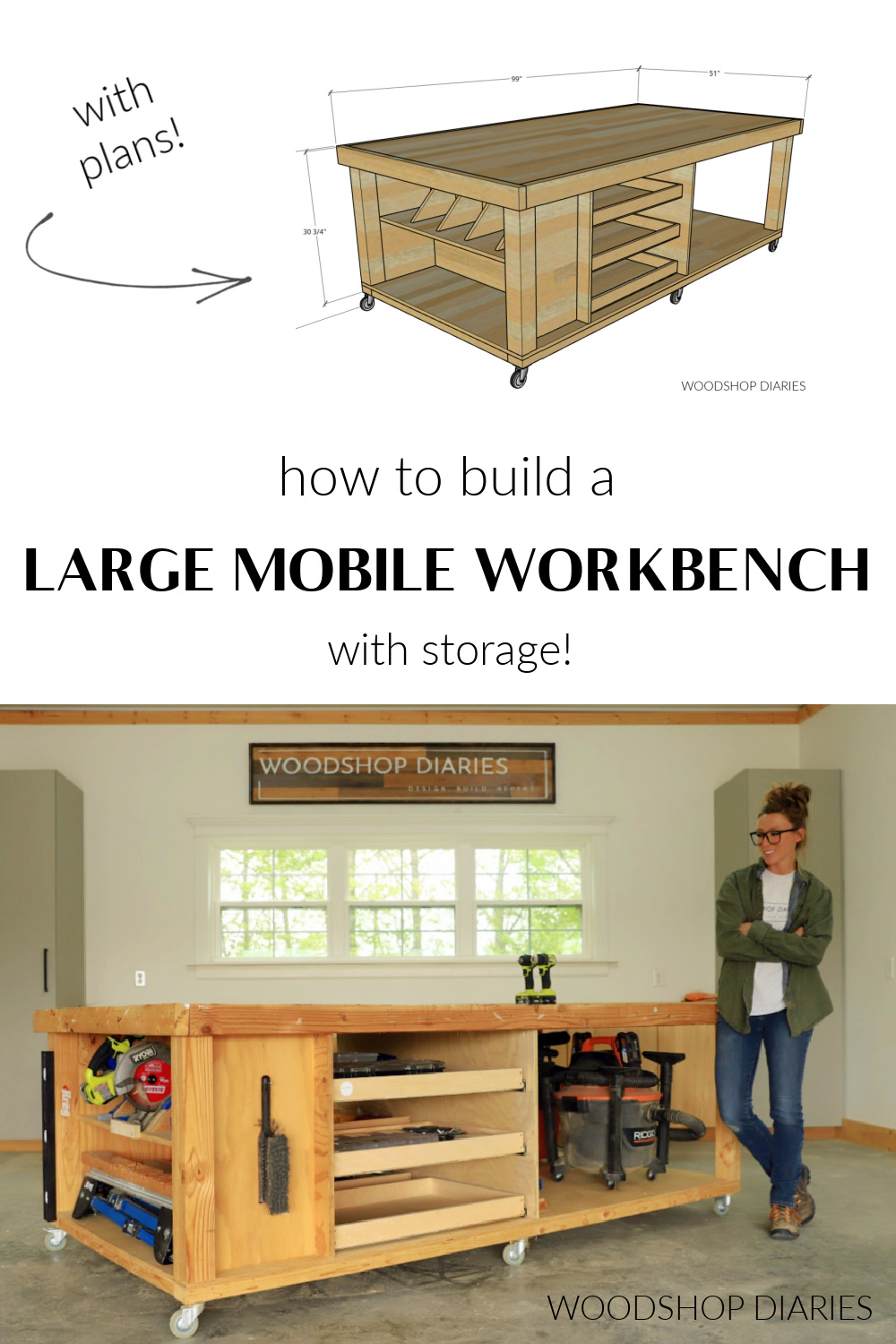 Pinterest collage image showing dimensional diagram of workbench at top and finished workbench in workshop at bottom with text "how to build a large mobile workbench with storage"