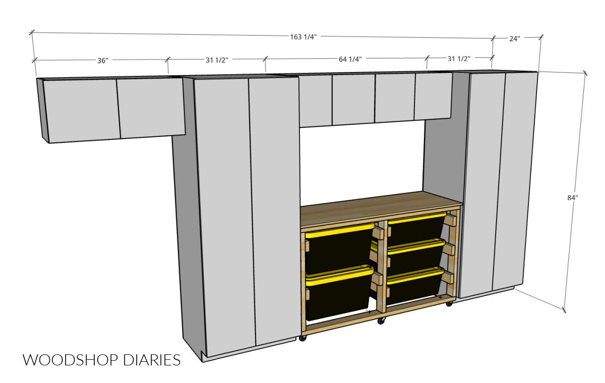 Overall dimensional diagram showing dimensions of garage cabinets and workbench
