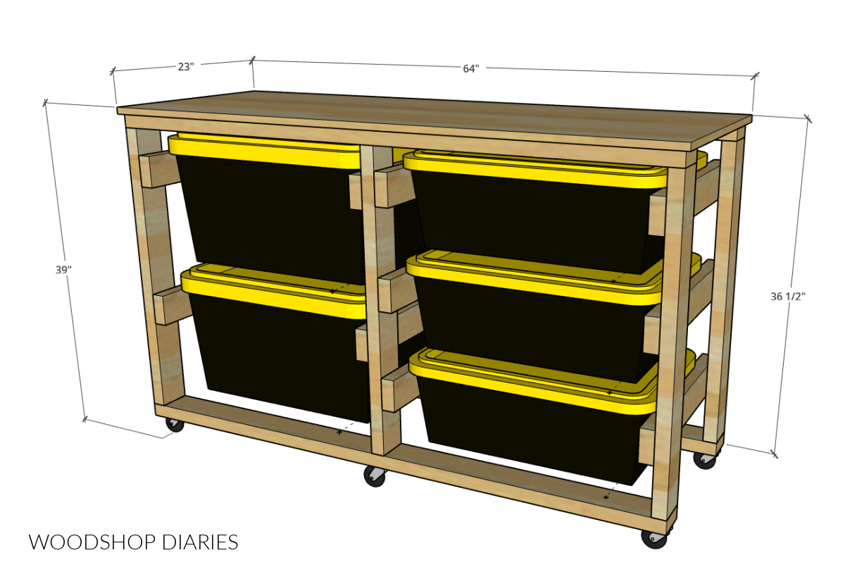 Overall dimensional diagram of 2x4 tote storage workbench