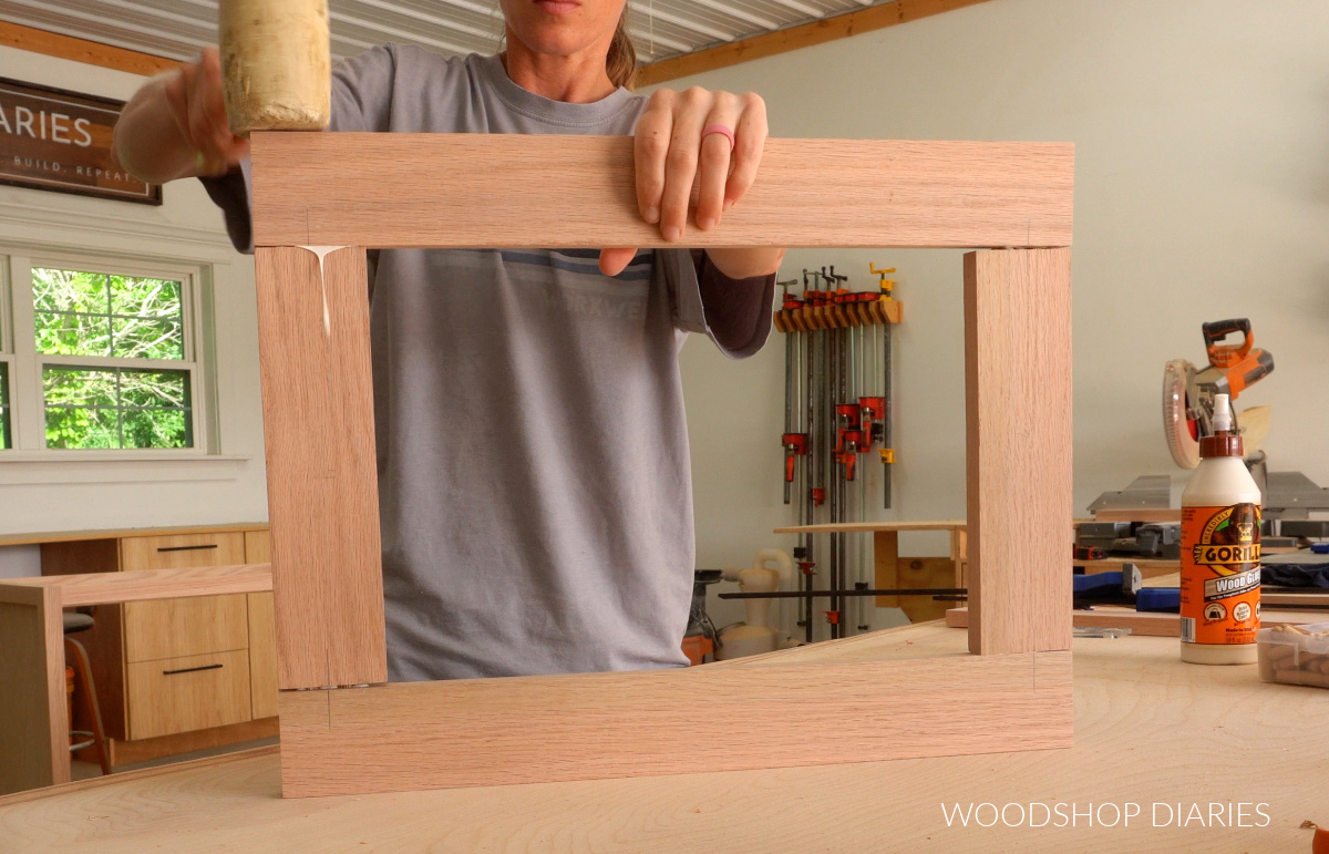 Shara Woodshop Diaries assembling red oak frame using wood glue and dowels