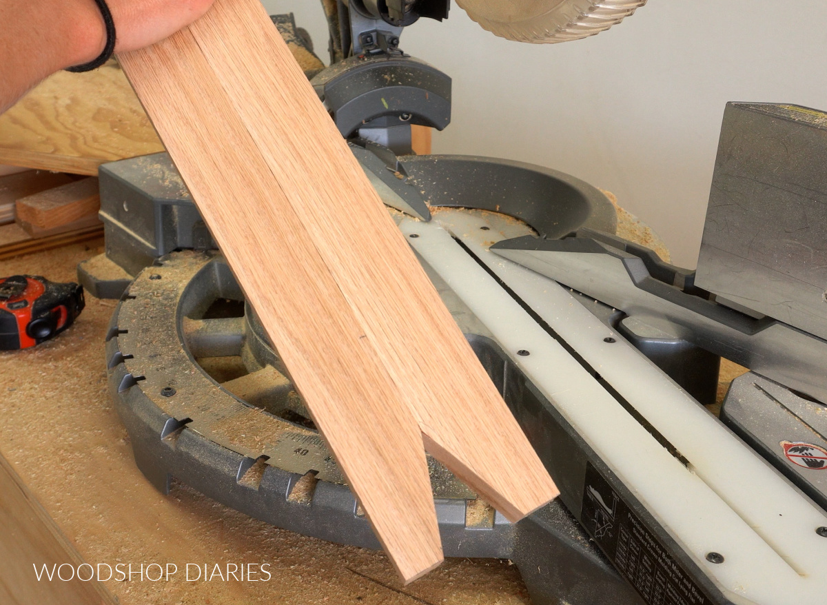 Red oak 2x2s cut for vanity legs with tapered end on miter saw