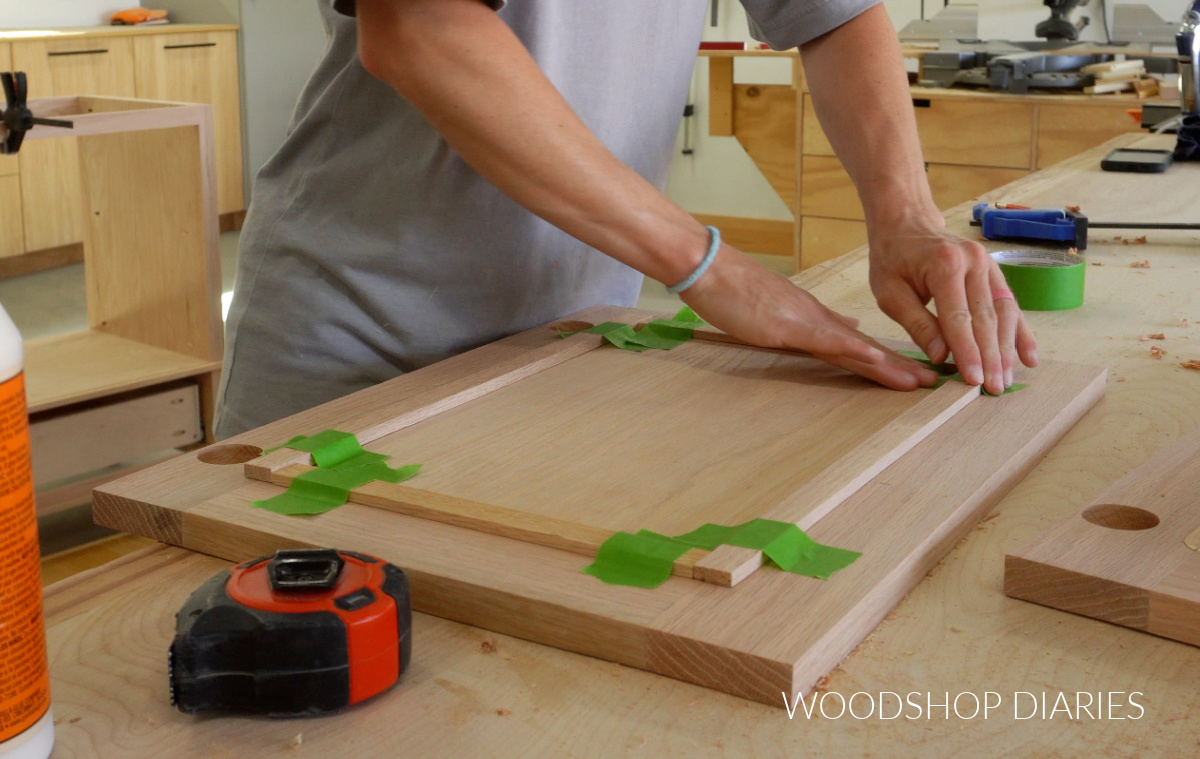 Shara Woodshop Diaries gluing trim around back side of fluted vanity doors