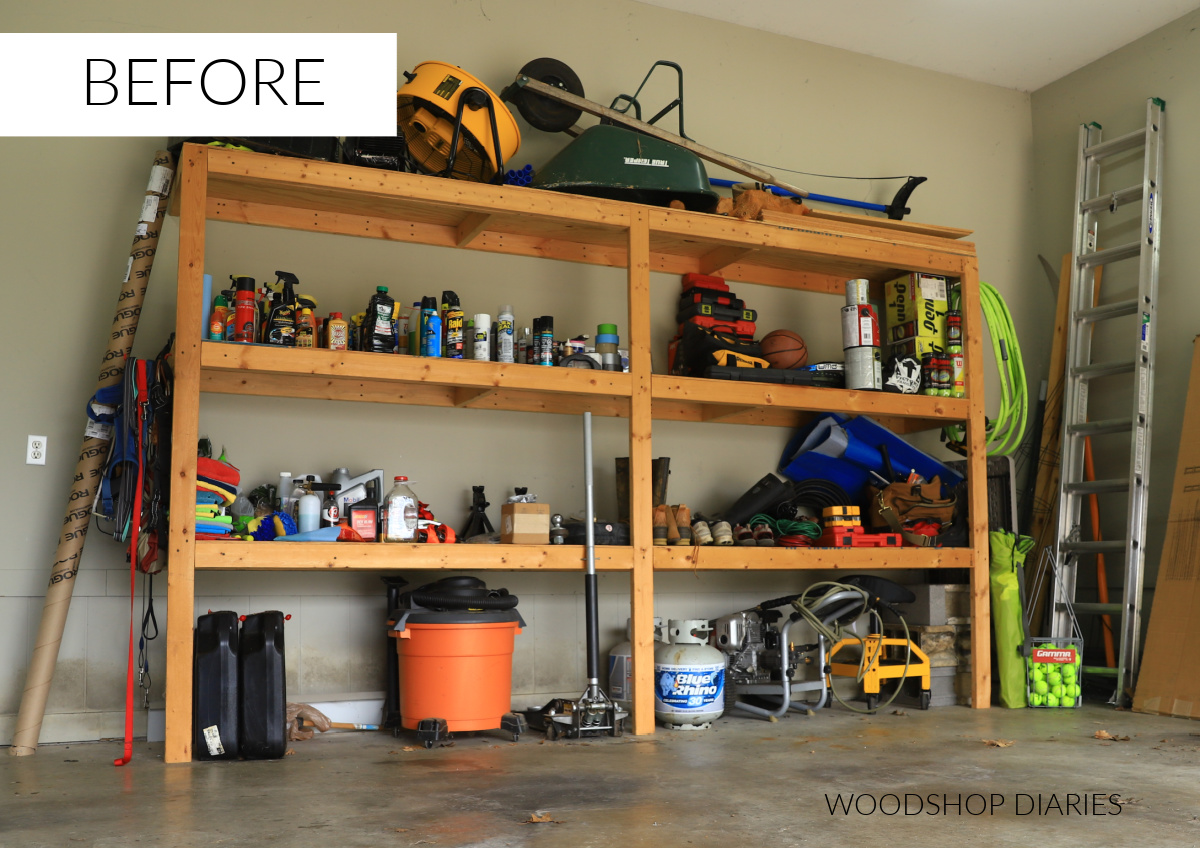 Cluttered garage with 2x4 and plywood shelving