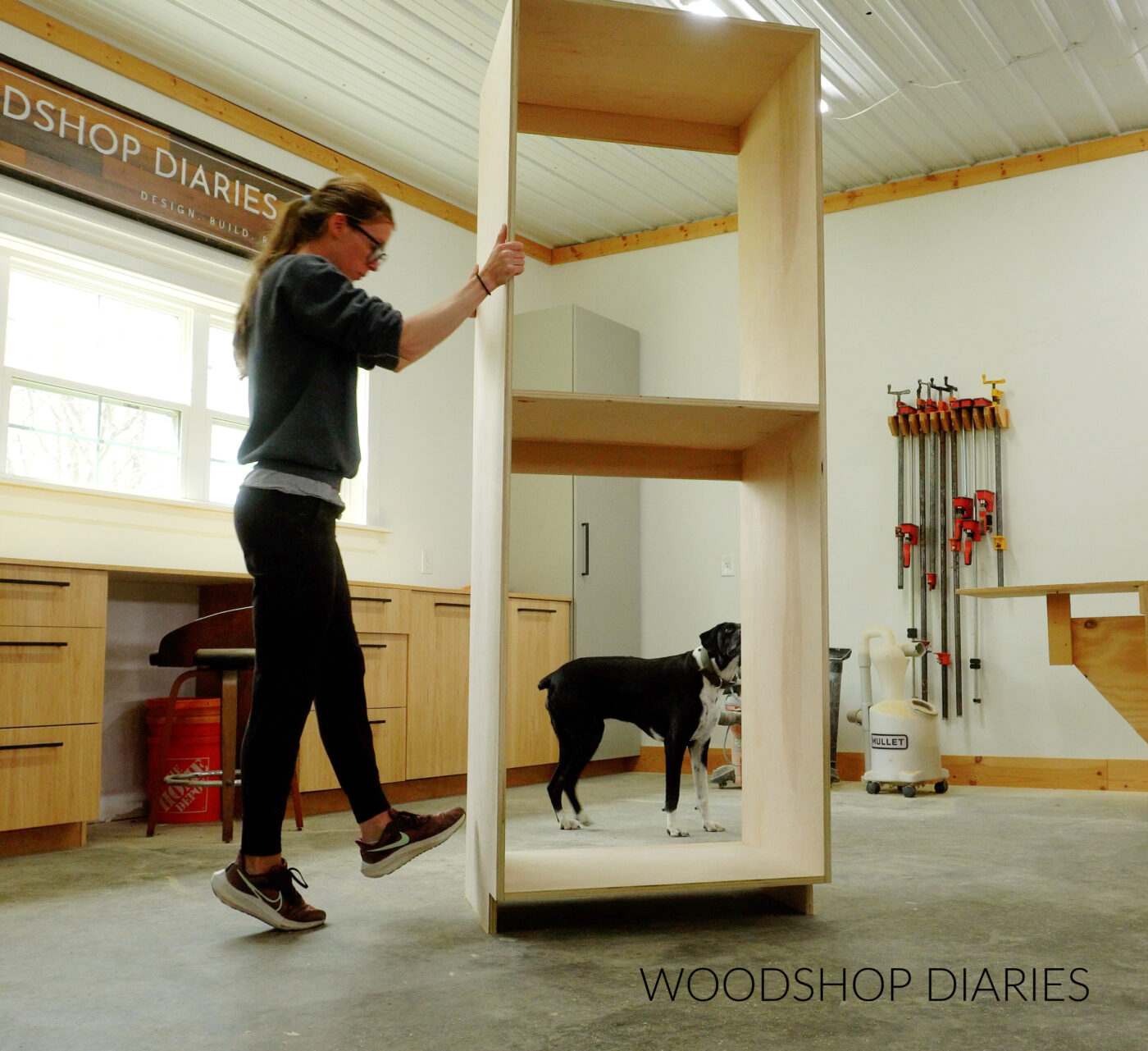 Shara Woodshop Diaries with tall pantry style garage cabinet box in workshop