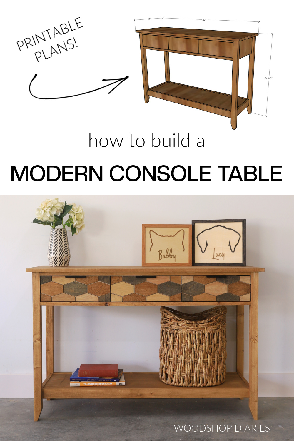 Pinterest collage image showing overall console table dimensions at top and completed DIY console table at bottom with text "how to build a modern console table"