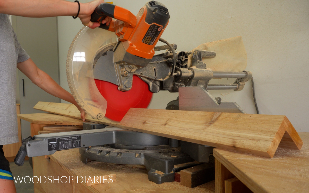 Shara Woodshop Diaries trimming storage box legs on miter saw