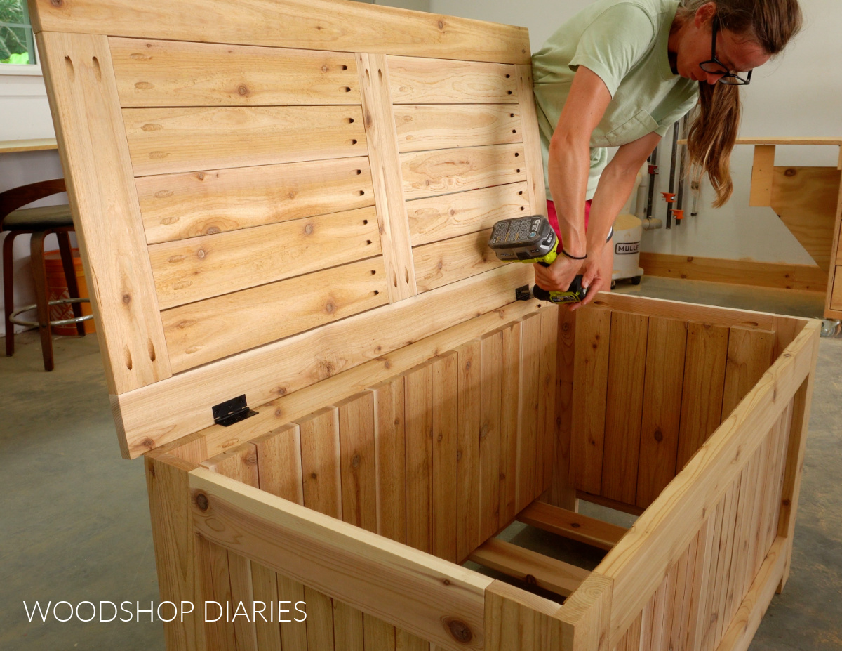 Shara Woodshop Diaries installing lid to storage chest using butt hinges